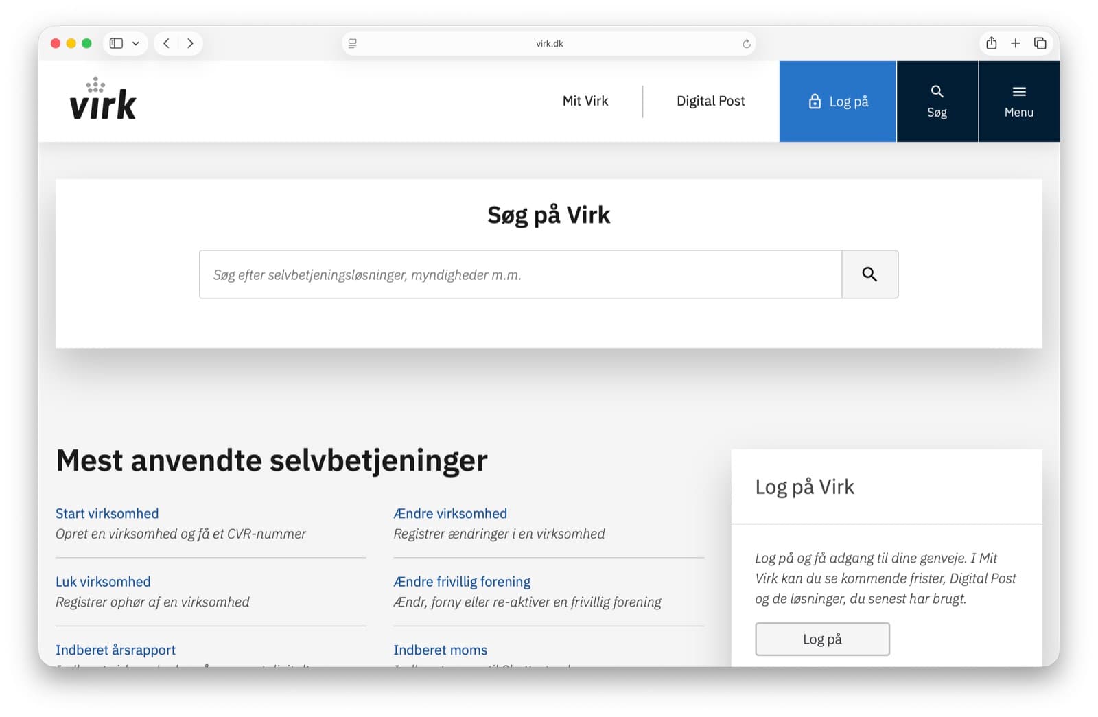 Preview of the virk.dk business portal